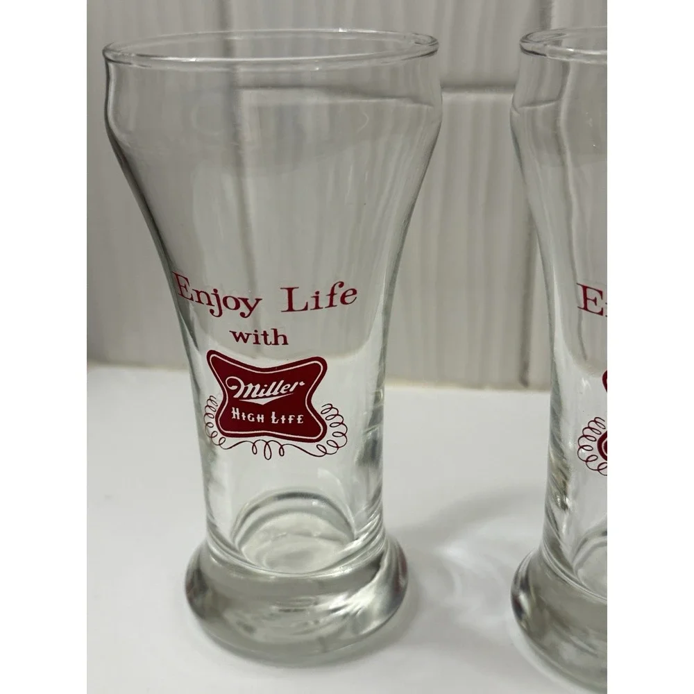 VTG Miller High Life Collectible Beer Glass Set 4 Logo Breweriana Barware MCM